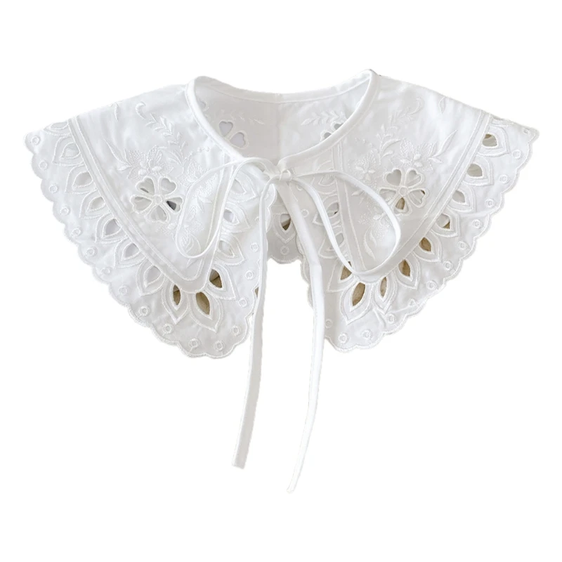 

Korean Women White Cotton Fake Collar Shawl Wrap Hollow Out Floral Fish Scales Necklace Scarf Embroidery Short Poncho