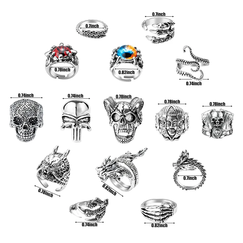 16 шт. винтажные кольца в стиле панк комплект Нержавеющая сталь готика сплав