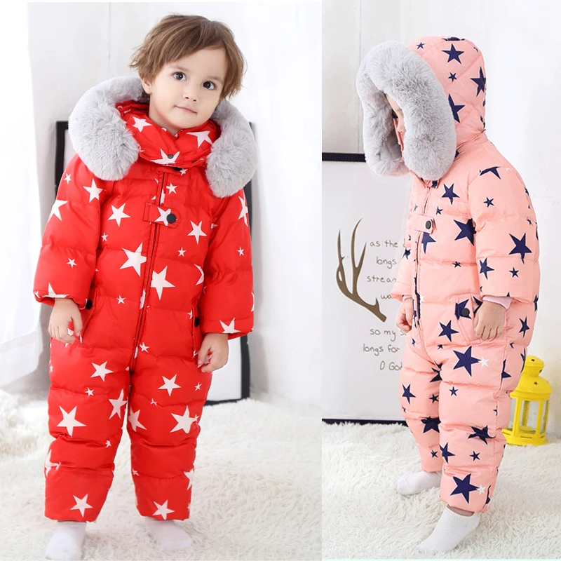 Winter Hooded Baby Boy Jumpsuit Fur Warm Kids Girls Romper Outdoor Children Snowsuits Down Windproof Sport Toddler Clothes