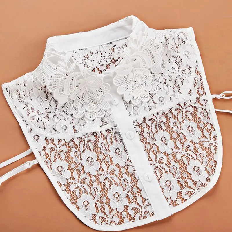 

Women Blouse Sweater Round Neck Fake False Collar Detachable Sheer Embroidered Floral Lace Solid Half Shirt Tie Button Apparel