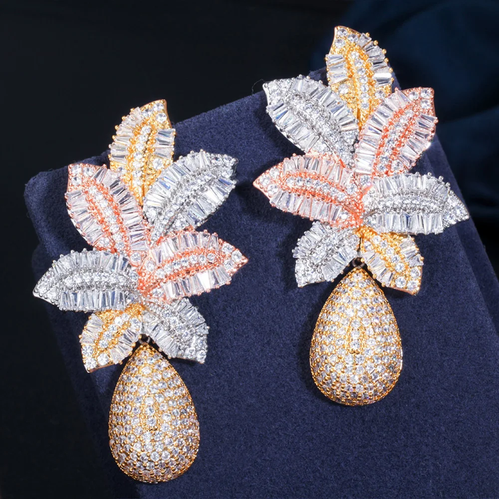 ThreeGraces Gorgeous 18k Gold Cubic Zirconia Stone Paved Nigerian Wedding Jewelry Long Drop Dangle Leaf Earrings for Women ER365 | Украшения