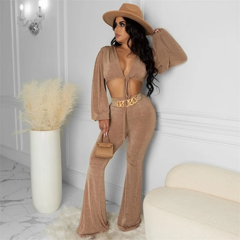 

Женский спортивный костюм из двух предметов, Повседневная футболка с длинным рукавом и брюки с глубоким V-образным вырезом, комплект из двух...