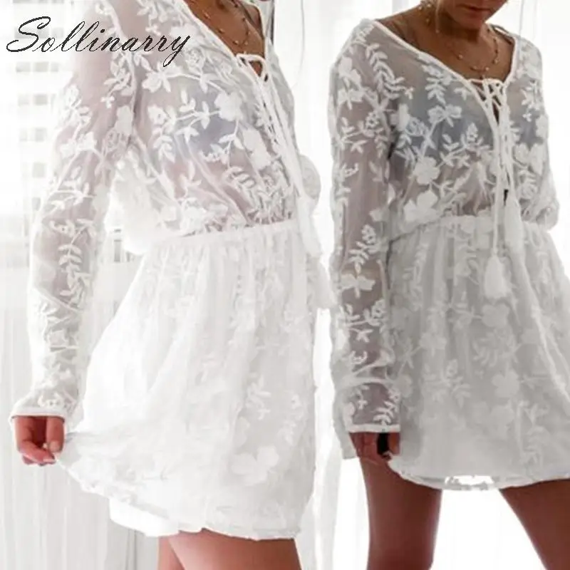 Sollinarry/повседневное короткое платье с вышивкой для женщин 2019 белое элегантное
