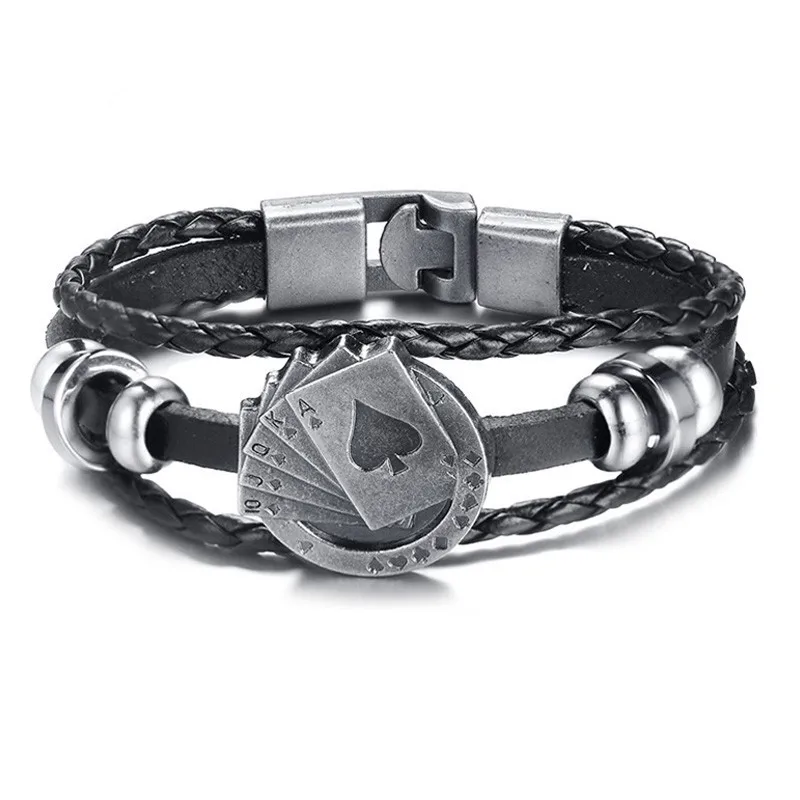 Мужской кожаный браслет Lucky многослойный Плетеный с изображением игральных карт