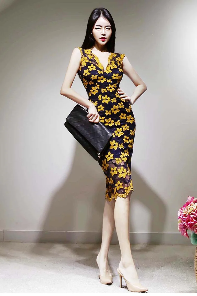 

High Quality Sleeveless Print Flowers Sheath Slim Office OL Dress 2020 Summer Women Sexy V Neck Tank Bodycon Pencil Dress