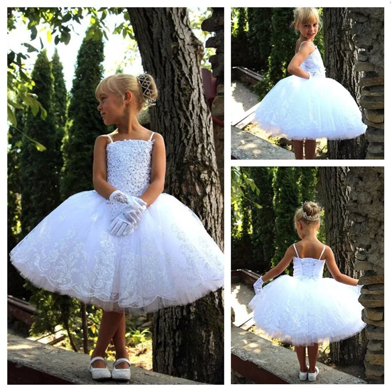 Newest White Toddler Spaghetti Strap Short Lace Beading Flower Girl Dresses For Wedding Knee Length Beaded Girl Dresses