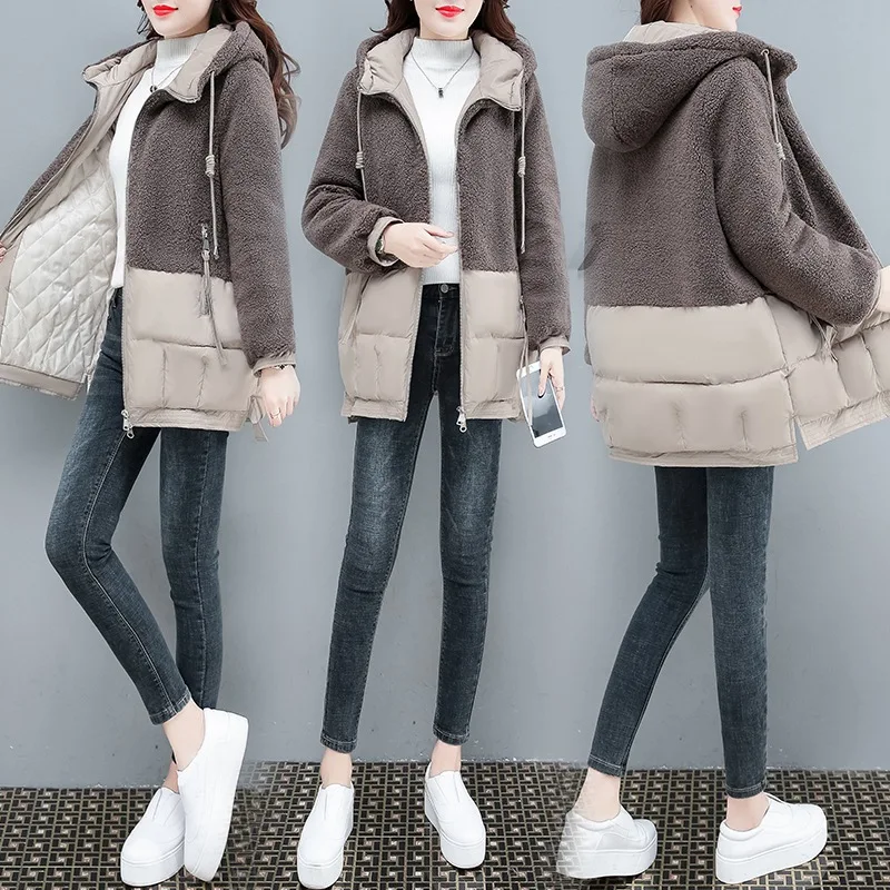 

Autumn and winter new style cotton jacket women mid-length down cotton jacket lamb hair stitching large size cotton jacket