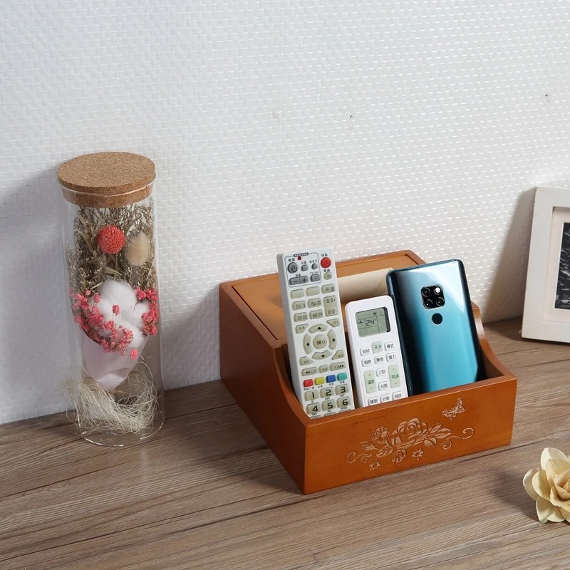 

AT69 -Wooden Square Tissue Box Storage Organizer Caddy for Bathroom Vanity Dresser Night Stand Table Holds Remote Controls Pen