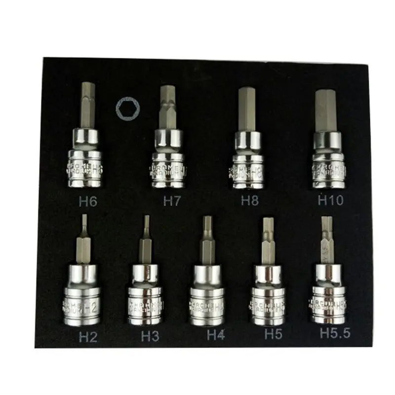 

9Pcs 3/8"DR Screwdriver Sleeve Chrome Vanadium Steel Bits Socket H2 H3 H4 H5 H5.5 H6H7 H8 H10 Woodworking Drill Tool