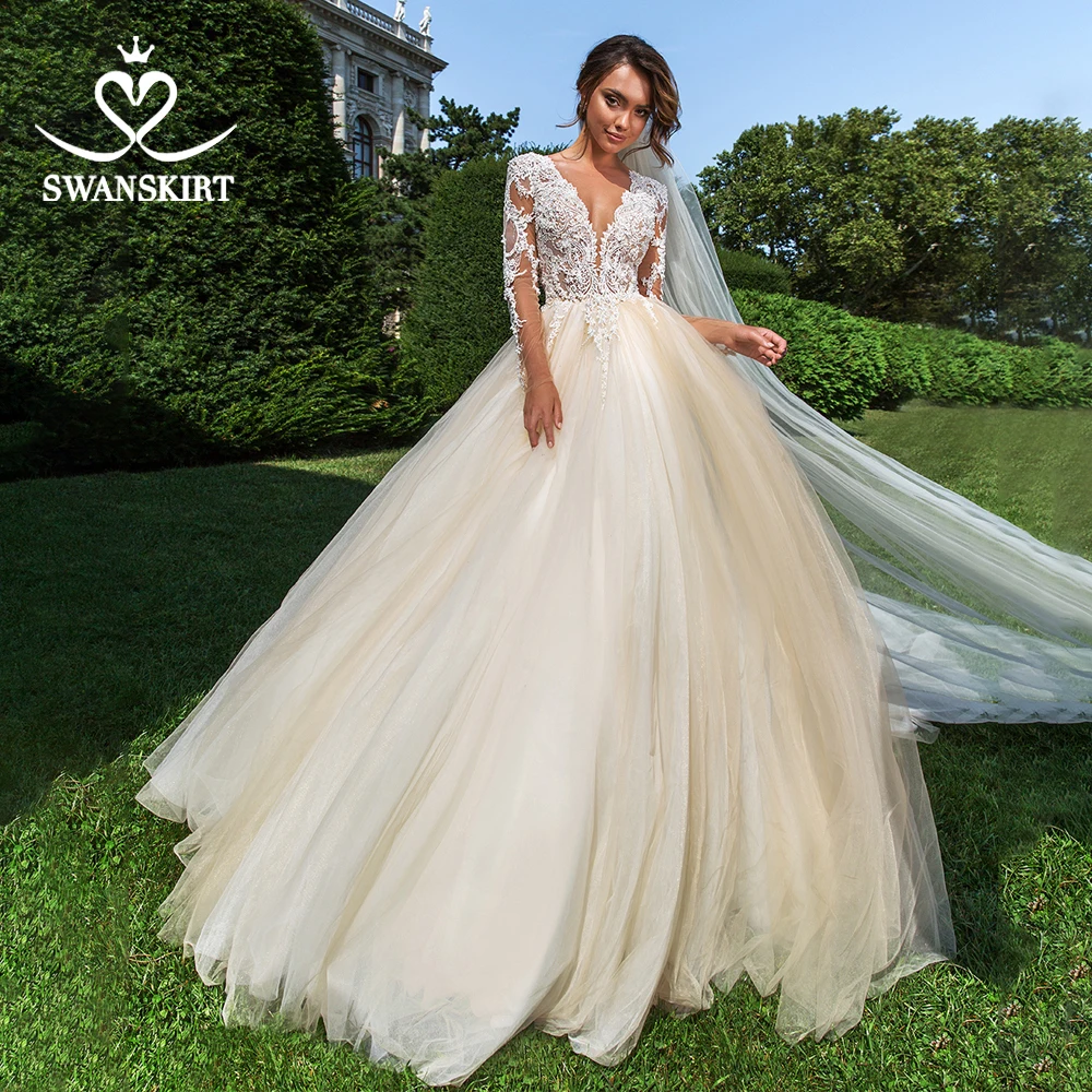 Винтажное свадебное платье с аппликацией из бисера Swanskirt F104 кружевное