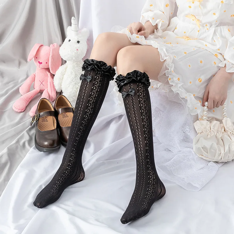 Japan Lolita Lace  Stockings Women Sweet Kowknot High Knee  Socks Femme Elastic Long Socks Leg Pantyhose Stocking Streetwear