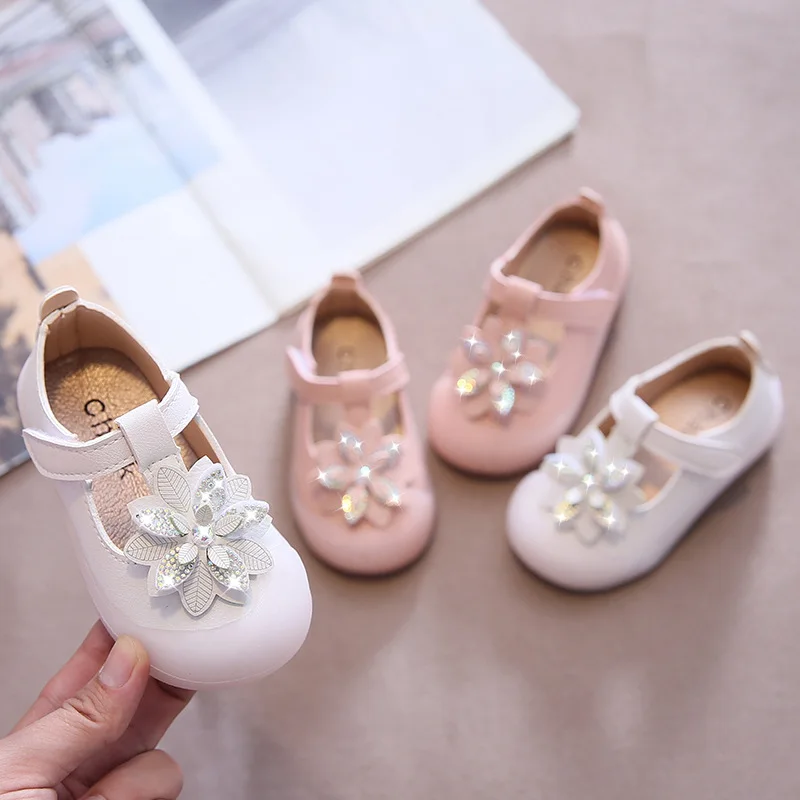 

2021 Spring Kids Shoes for Girls Toddlers Baby Girls Leather Shoes Floral Rhinestone T-tied Children Party Shoes for Wedding New