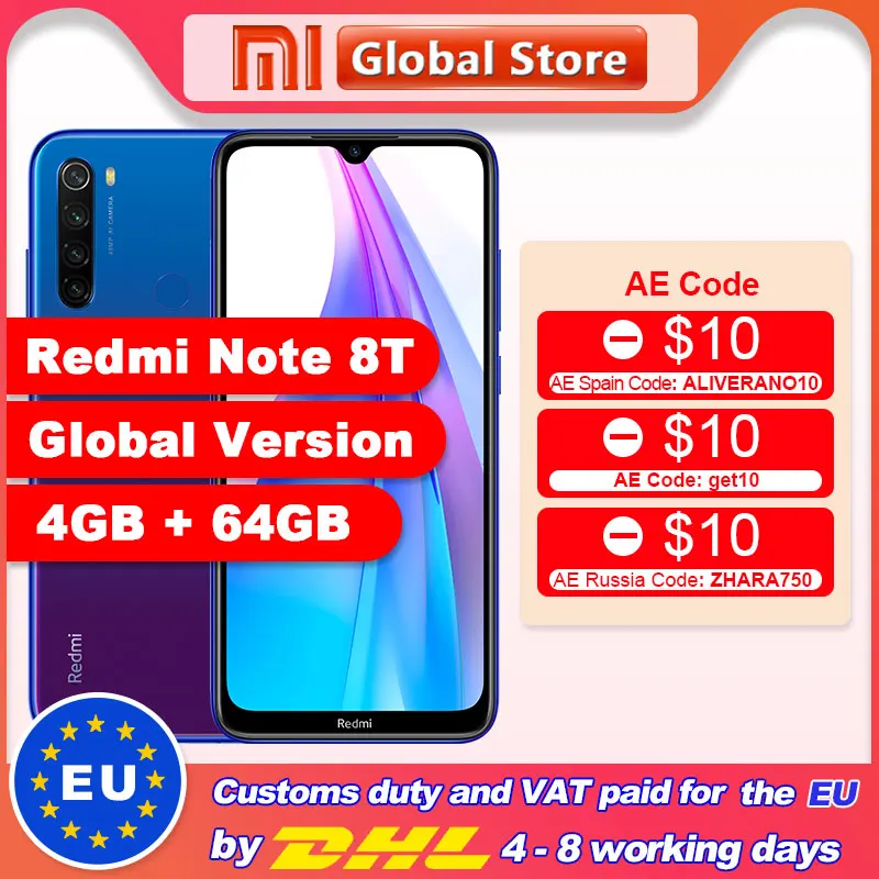 В наличии! Глобальная версия Xiaomi Redmi Note 8T 4 Гб RAM 64 ROM NFC мобильный телефон 48MP задняя