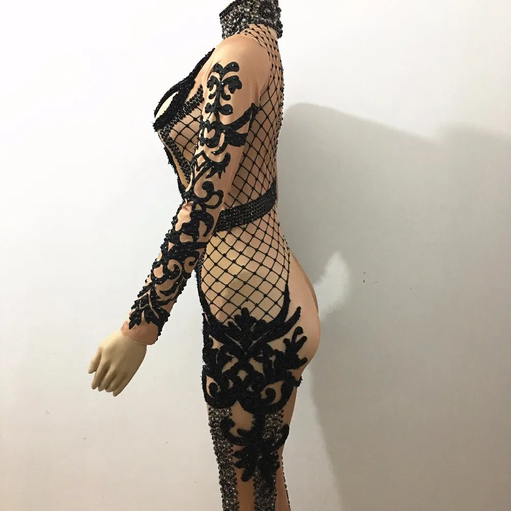 Модный Блестящий Комбинезон с черными кристаллами блестящий костюм для