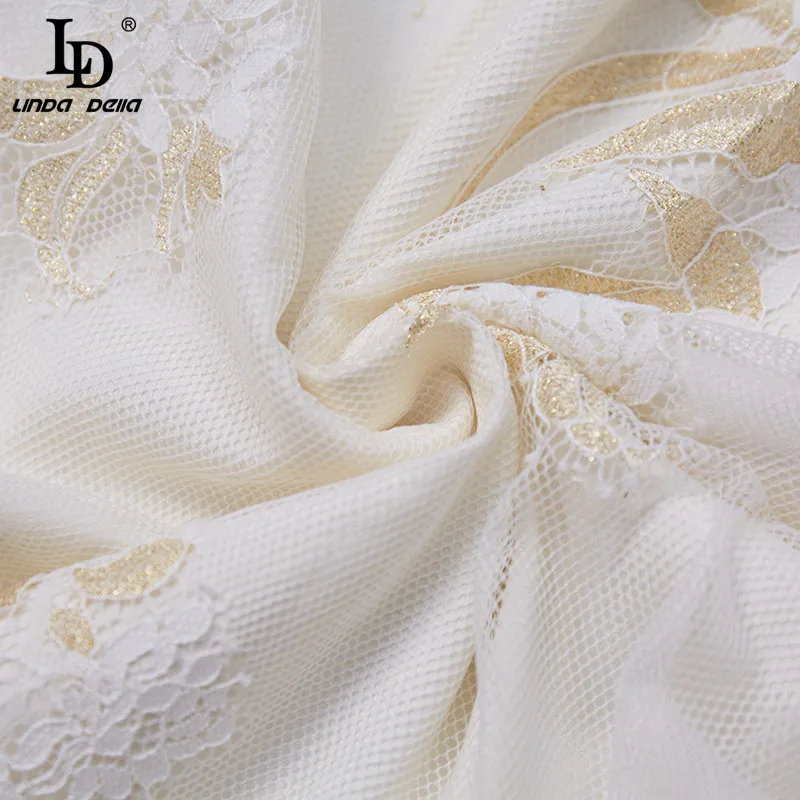 

LD LINDA DELLA New 2021 Spring Summer Fashion Designer Elegant Lace Dress Women Long Sleeve Belted Holiday Party A line Dress