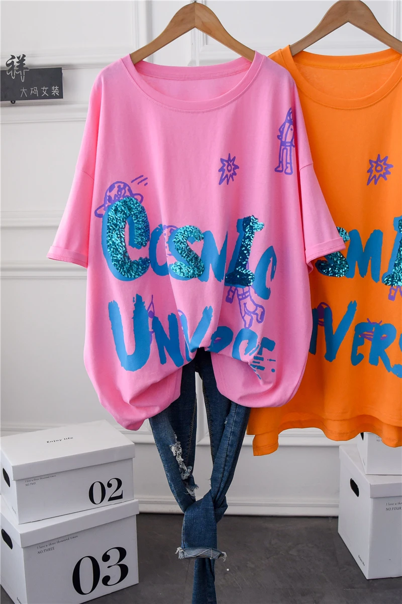 

Summer New plus Women's Clothing Belly-Covering Coat 100kg Women's Fashion Loose Design Short-Sleeved T-shirt Women's Fashion