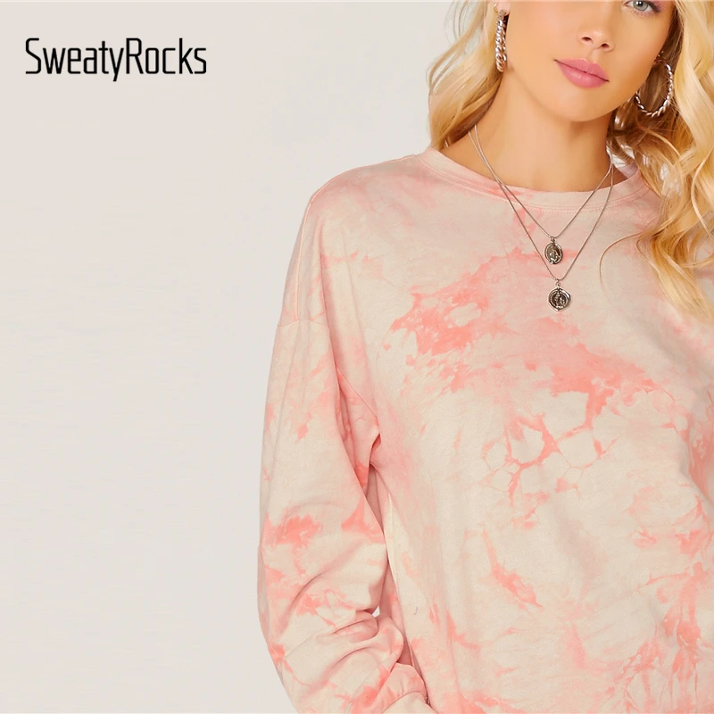 SweatyRocks Розовый пуловер с завязками на плечах осень с круглым вырезом толстовки для активных Basics Повседневная Толстовка для отдыха