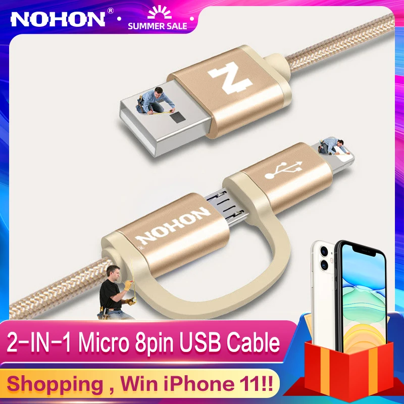 Зарядный кабель NOHON 2 в 1 Micro 8pin USB для iPhone Xs Xr X 8 7 6 6S Plus SE iOS 10 9 Samsung LG HTC мобильный