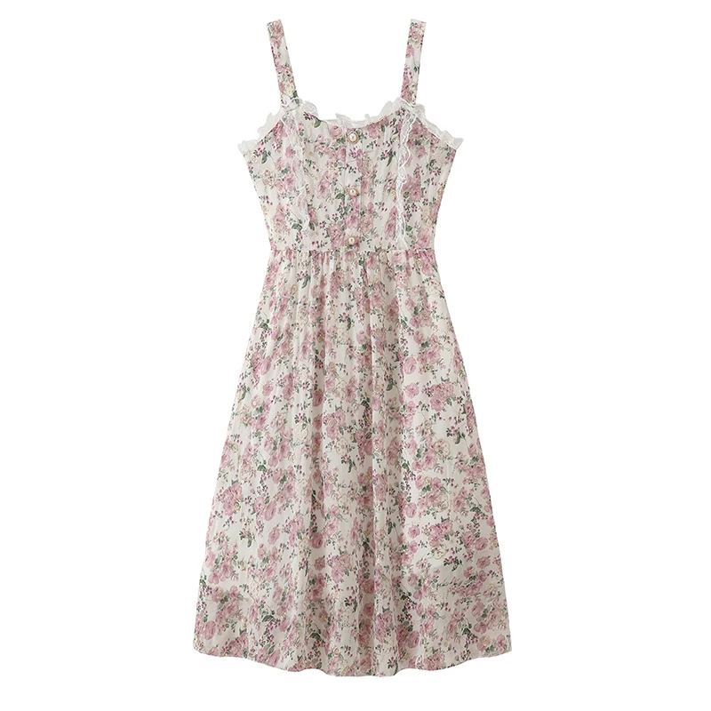 

Women Suspender Skirt 2021 Summer New French Waist Chiffon Floral Long Skirt Sexy Holiday Beach Dress