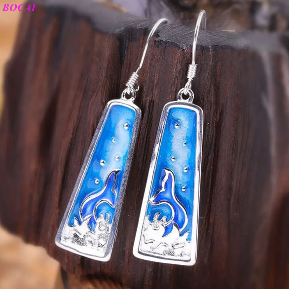 Серьги для женщин BOCAI S925 из стерлингового серебра в стиле Handmade Ladies Burnt Blue Mermaid Dreams Thai.