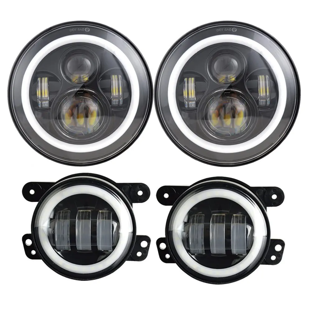 2PCS 7inch Round LED Headlight +4Inch Front Bumper Fog Driving Lights for Freightliner Century Class Jeep Wrangler JK 2007-2017