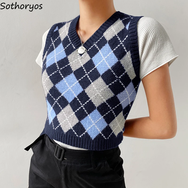 

Женский свитер, жилет с узором ромбиками, укороченные топы с V-образным вырезом, Универсальный Молодежный винтажный пуловер в стиле преппи д...