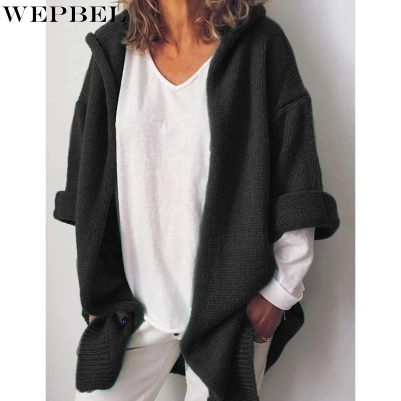 

WEPBEL Knitted Coat Women's Casual Loose Cardigan Coat Spring Autumn Long Sleeve Solid Color Hooded Knitted Sweater Coat
