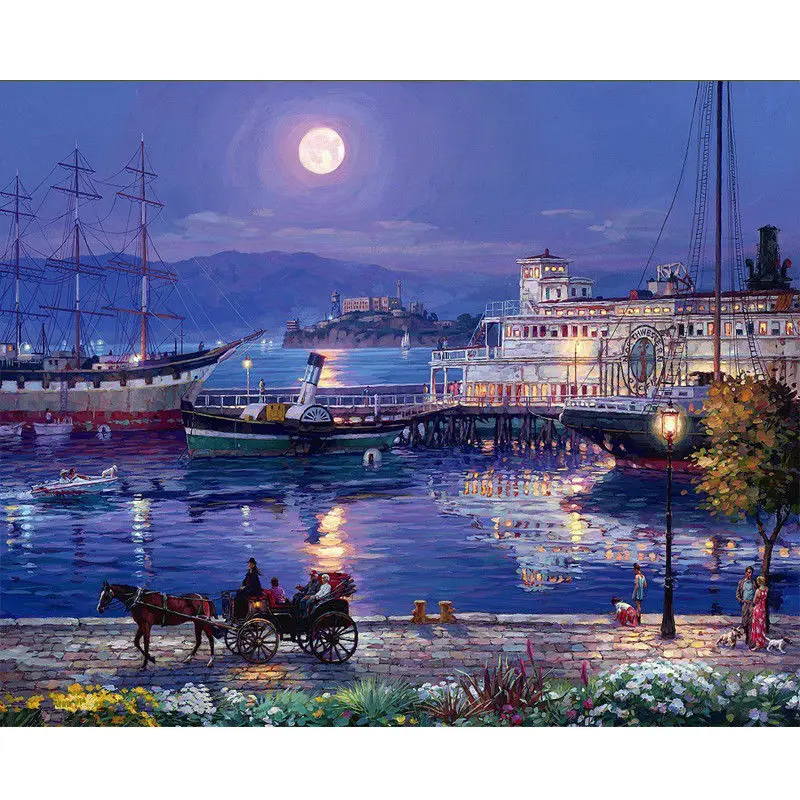 

DIY Canvas Painting Seaside Scenery Boat Moon Wall Art