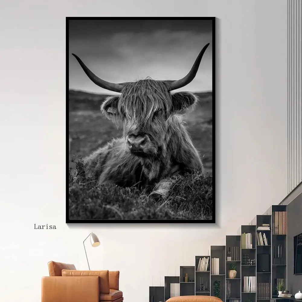 

Nordic Minimalist Farm Animal Black Highland Cow Canvas Painting Posters and Prints Wall Art Picture for Room Home Decor