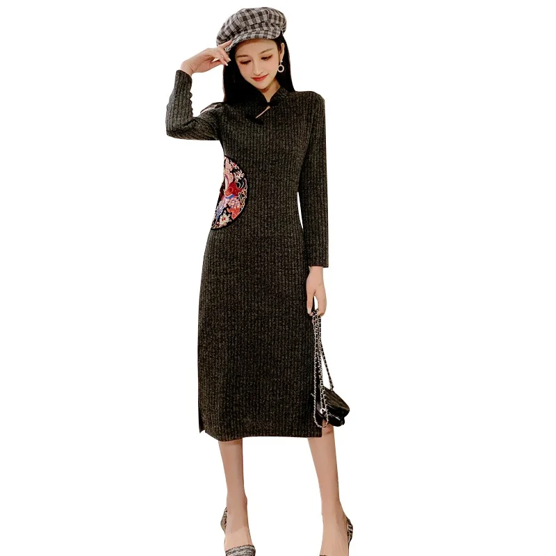 Для девушек элегантное платье Чонсам с вышивкой Разделение длинное Ципао 2020