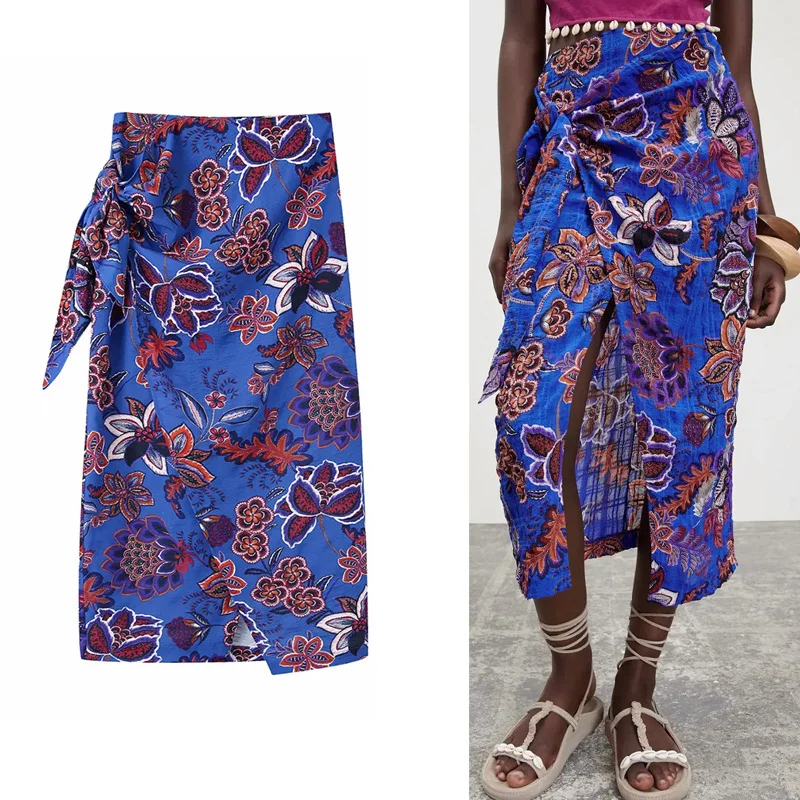 

Женская винтажная юбка с бантом Za, длинная юбка средней длины с высокой талией и винтажным принтом, с разрезом, лето 2021