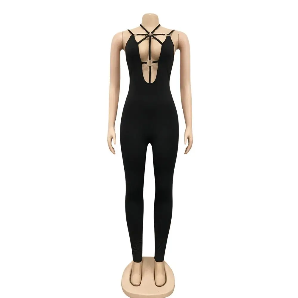Echoine Hollow Out Sexy Lace Up Bandage Jumpsuit Sleeveless Skinny Bodycon Partywear Streetwear Backless Halt Club Outfits