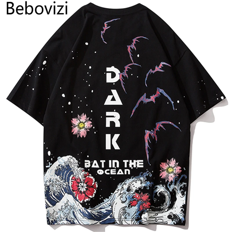 Bebovisi Футболка мужская хип хоп Уличная одежда японский Sakura Waves футболка с коротким