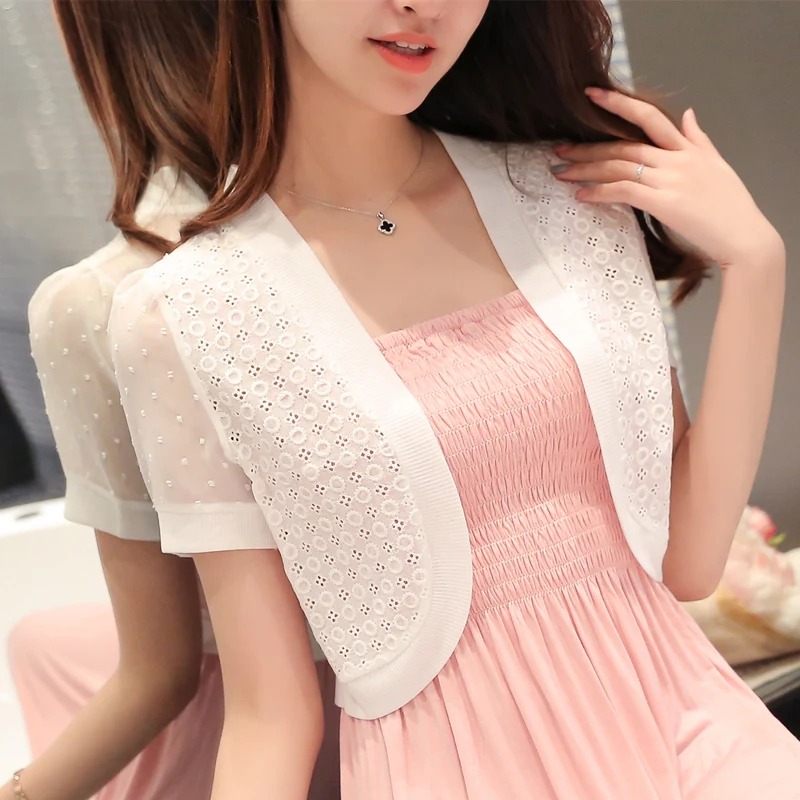 Женский весенне-осенний кардиган короткая кружевная куртка черного и белого