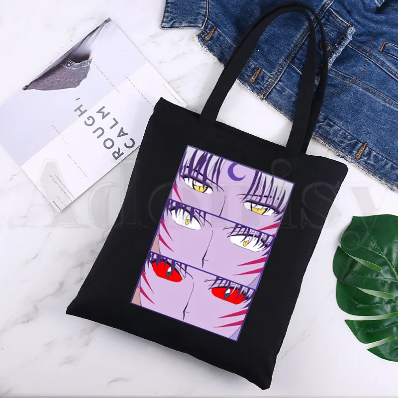 

Feudal Demon Inuyasha Sesshoumaru Higurashi Kagome Black Canvas Print Shopping Bags Girls Fashion Life Casual Pacakge Hand Bag
