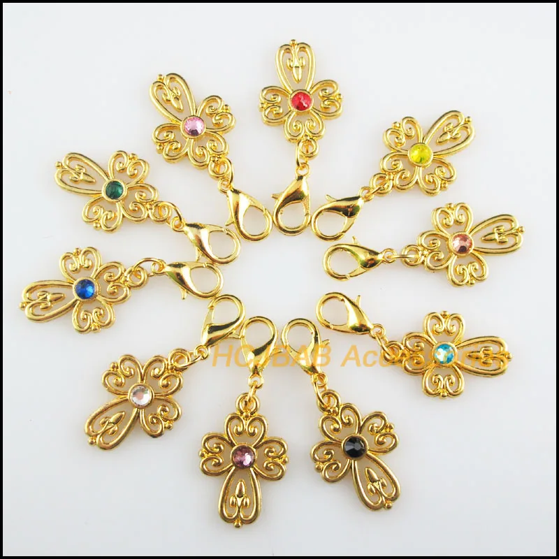

10New Cross 14.5x21.5mm Charms Mixed Round Crystal Gold Color Retro With Lobster Claw Clasps