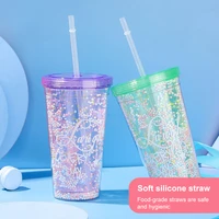 drinking cup straw cup with lid double layer plastic reusable water bottle ice coffee cup straw mug milk coffee tea water bottle