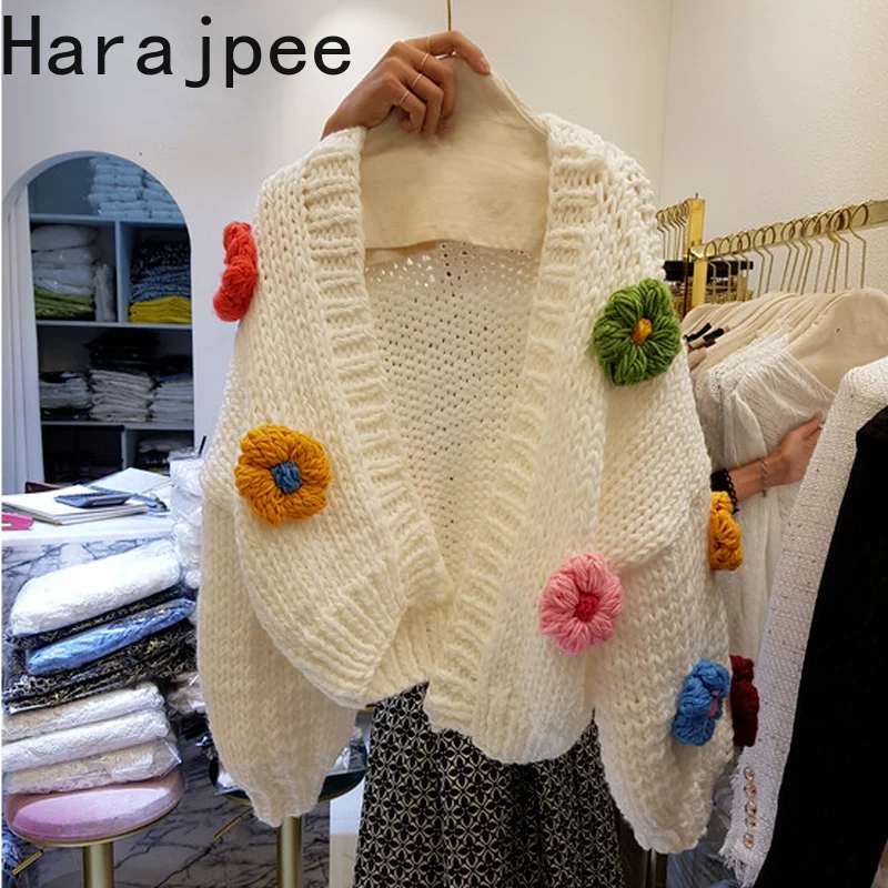 

Женский вязаный кардиган Harajpee, свитер, милый нежный стиль, универсальный, приталенный, Повседневный, свободный, с цветами, Осень-зима 2021