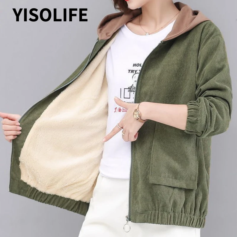 

Плюс Вельветовая одежда зимняя для женских свободных повседневных коротких курток и пальто с капюшоном