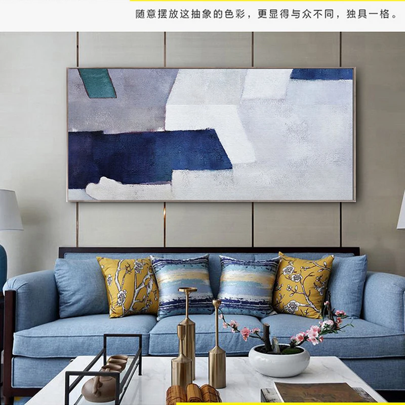 

Fashion Abstract Mural Strip Banner Background Paintings Hand-painted Oil Chien Hotel Rooms and Restaurant Blue and Gray Tones