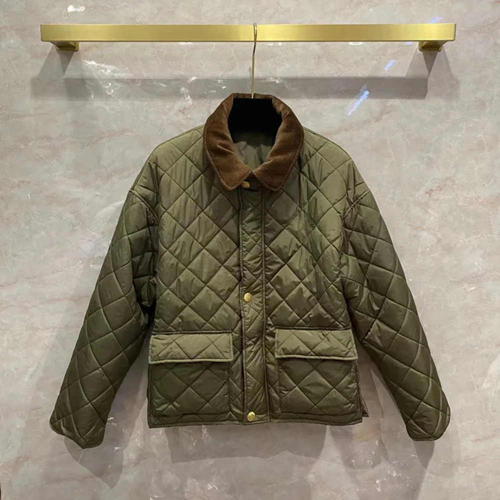 

Winter Women's Korean Styel Stand CollarPadded Cot New Designer High Quality Pockets argyle overcoat C469