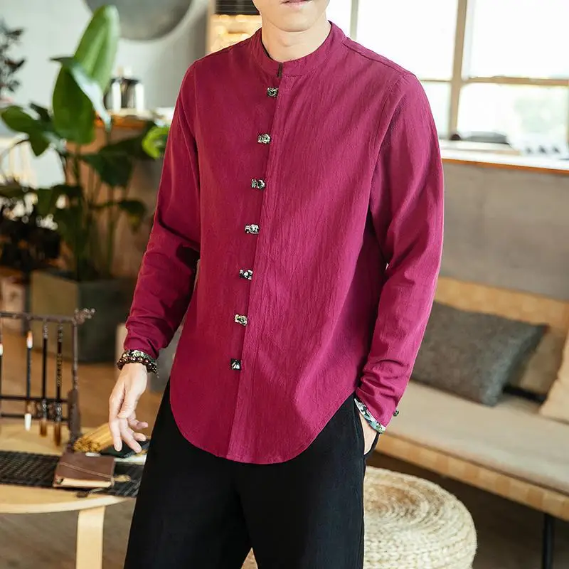 M-5XL Plus Size Vintage Mens Office Shirts Long Sleeve Chinese Collar Single Breasted Linen For Men Autumn Streetwear | Мужская одежда