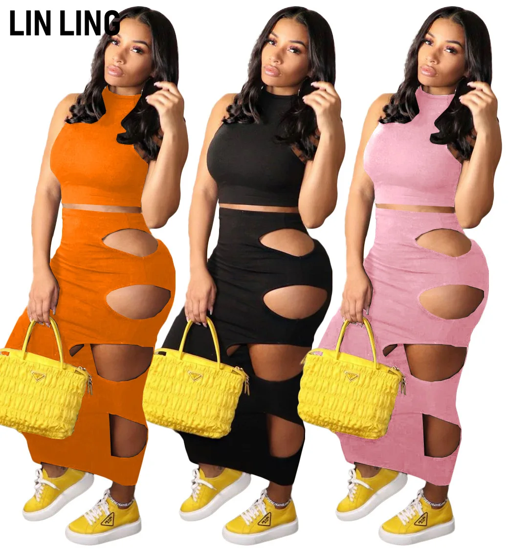 

LINLING Women's High Waisted Maxi Skirt Sexy Hollow Out Slim Long Skirt with Side Holes Party Club Dress