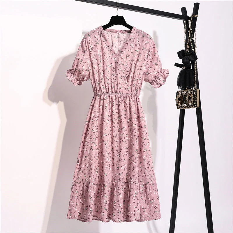 

2021 New Fashion Women's Print Dress Female Casual V-neck Short-Sleeved Dresses