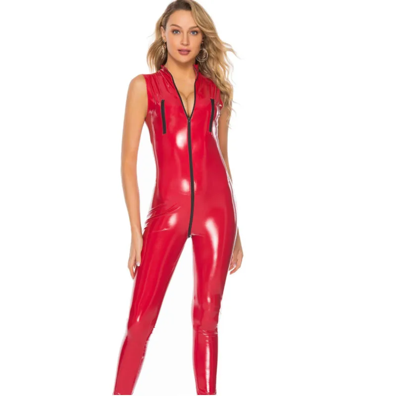 

New European and American interest underwear patent leather onesie leather style dance clothes open crotch motorcycle clothing