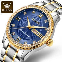 olevs rhinestone dial watches luxury calander business watch mens sport stainless steel watches mens luminous quartz watch