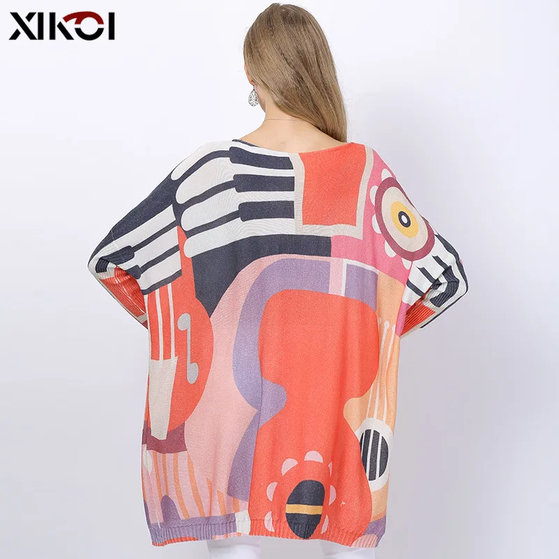 

XIKOI Plus size Sweaters Women Long Pullover Dresses Fashion Notes Slash Neck Print Jumper Knitwear Sweaters Pull Femme Clothing
