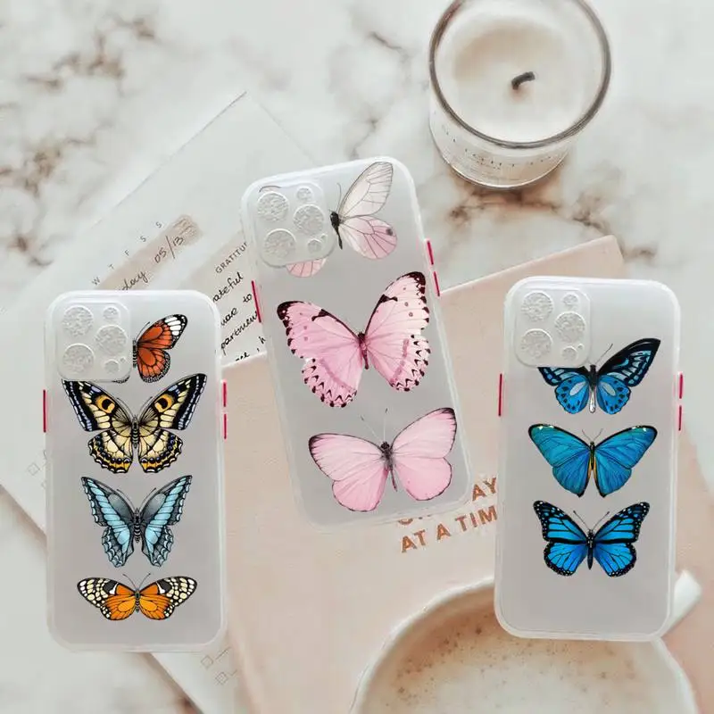 

butterfly Phone Case For iPhone 12 11 Mini Pro XR XS Max 7 8 Plus X Matte transparent White Cover