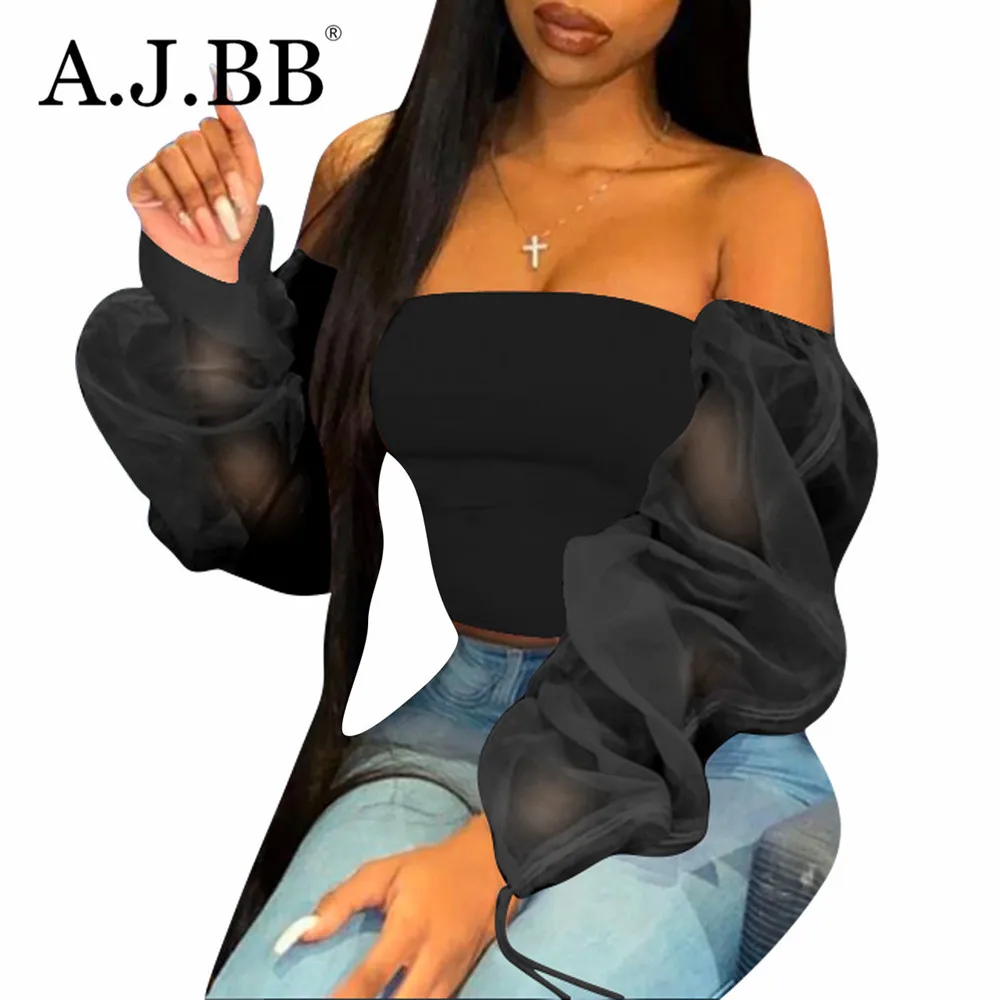 

European fashion solid color women's casual T-shirt mesh sexy off shoulder Long Sleeve Shirt