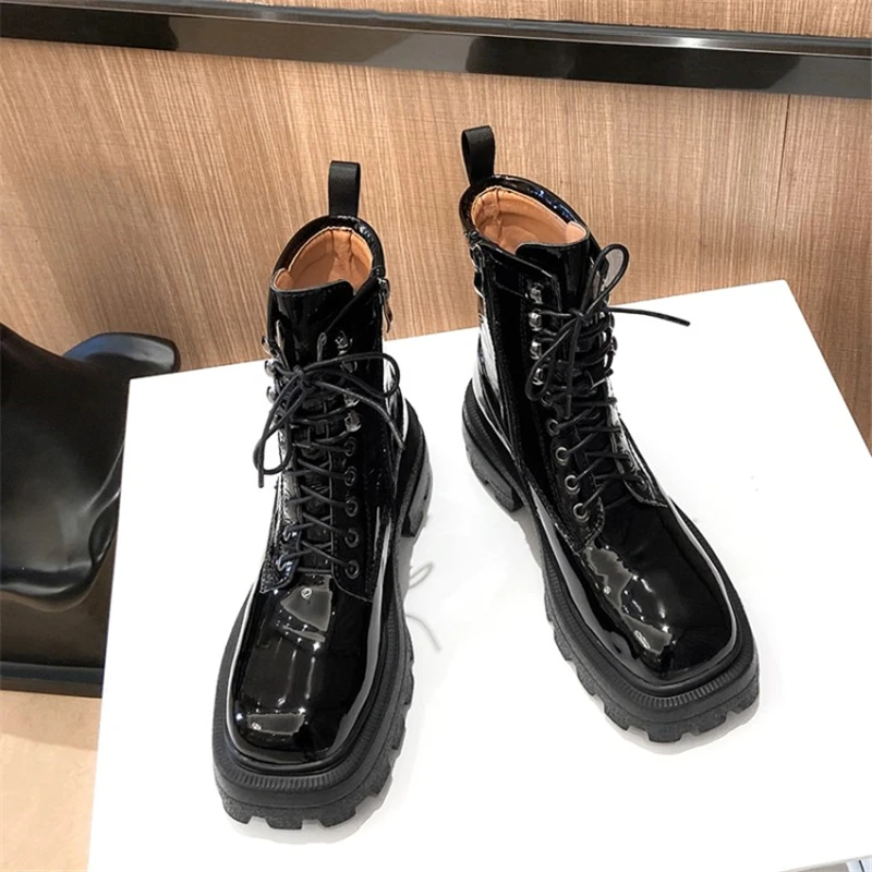 Jual Sepatu Motor Kulit Asli Platform Ritsleting Wanita Sepatu Bot Musim Dingin Hak Tinggi Kotak Simpul Silang Wanita Ukuran Besar 41